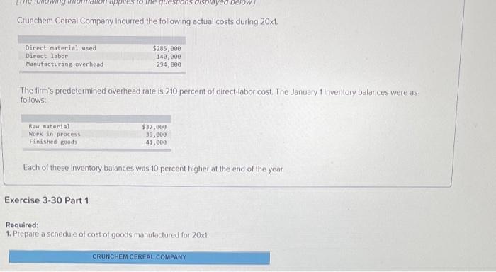 Crunchem cereal company incurred the following actual costs during 20x1.