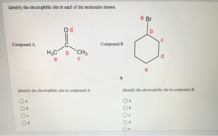 Identify the electrophilic site in each of the molecules shown