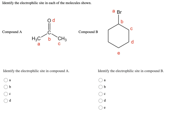 Identify the electrophilic site in each of the molecules shown